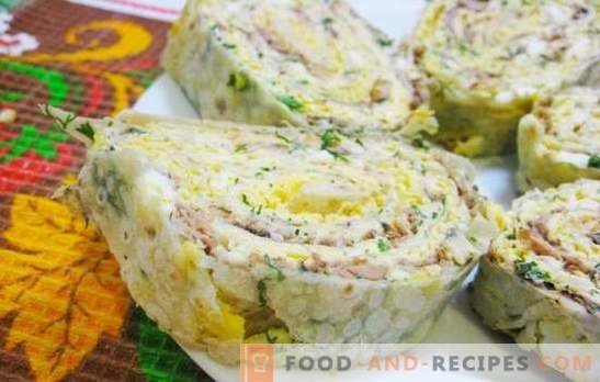 Snacks from pita with canned fish - simply and effectively. Hot cake and cold rolls of pita with canned fish