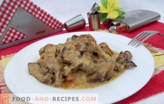 Pork stew in sour cream with vegetables, mushrooms, cheese. Cooking pork stew in sour cream in the oven, pan, multicooker