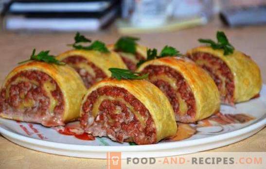 Dough rolls with minced meat - original and satisfying! Cooking juicy and tasty rolls of dough with minced meat on the stove and in the oven
