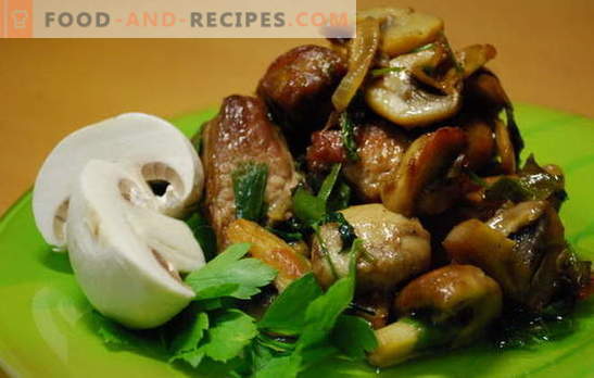 Meat with champignons - aroma and taste. Meat recipes with champignons: stewed, fried, in the oven, in a pan, in a slow cooker