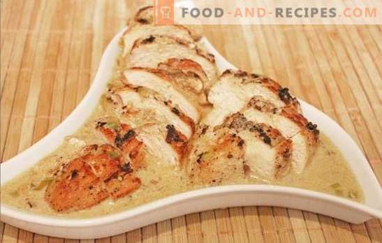 Tender and juicy chicken breast in a creamy sauce. Different options for cooking tender and juicy chicken breast in a creamy sauce with mushrooms, mustard, cheese and wine