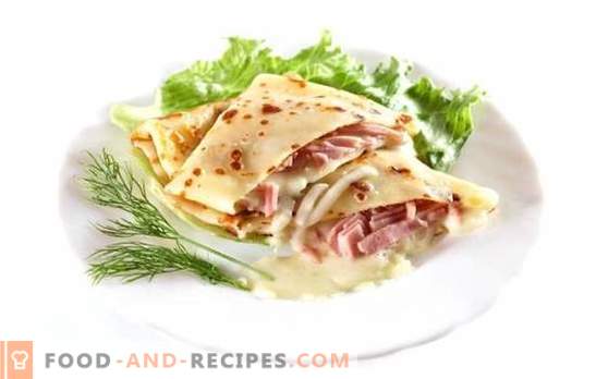 Pancakes with ham and cheese - yum-yum! The recipe for delicious pancakes with ham and cheese: baked, stuffed, with a cake of