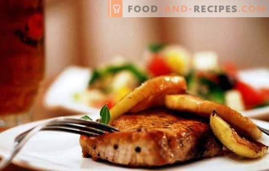 Pork with apples fry, bake and simmer. Royal dishes on your menu - pork with apples