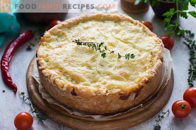 Open pie with chicken and potatoes under cheese crust