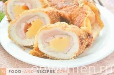 Chicken rolls with ham and cheese in a pan
