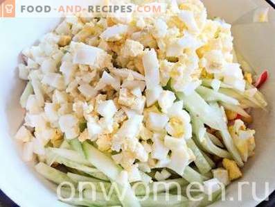 Crab stick salad with corn, eggs and cucumbers