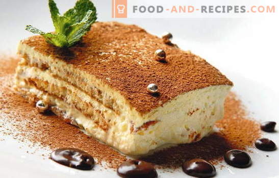 Cake with mascarpone and fruit, berries, chocolate, liqueur. Recipes biscuit, shortbread, pancake cake with mascarpone