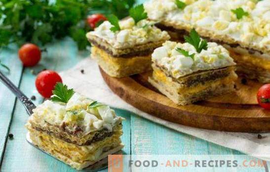 Waffle cakes with herring - delicious! Simple wafer cakes with herring and mushrooms, cod liver and vegetables