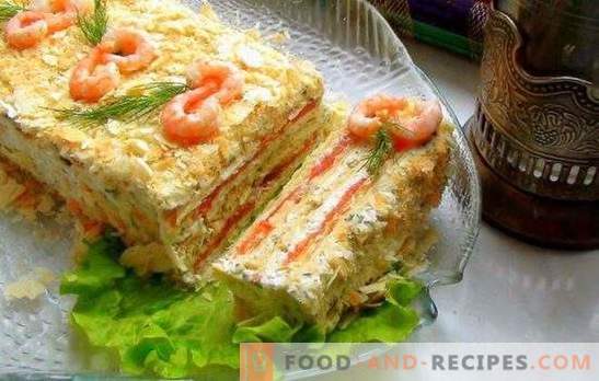 Cake with canned cakes - table decoration! Juicy cake cake with canned food and vegetables, cheese, eggs, chopsticks, caviar