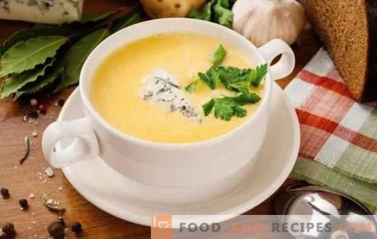 Cheese soup in a step-by-step recipe from processed cheese and hard cheese. Recipes cheese soup with vegetables, chicken, rice, cream