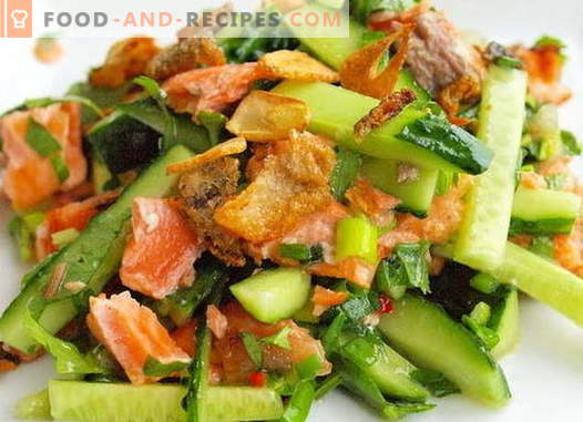 Salad with salmon and cucumber - the right recipes. Quickly and tasty cooking salad with salmon and cucumber.