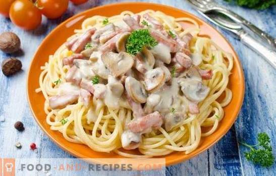 Spaghetti with mushrooms in a creamy sauce - great pasta! Versions of spaghetti with mushrooms in a creamy sauce for true gourmets