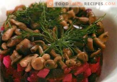 Salads with pickled mushrooms